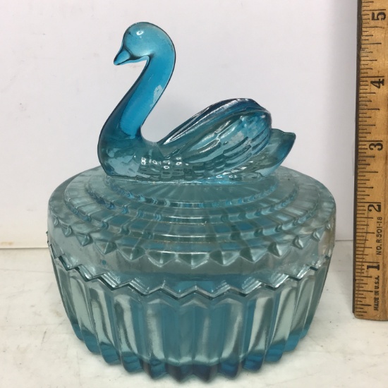 Vintage Blue Glass Swan Dish with Lipstick Holder