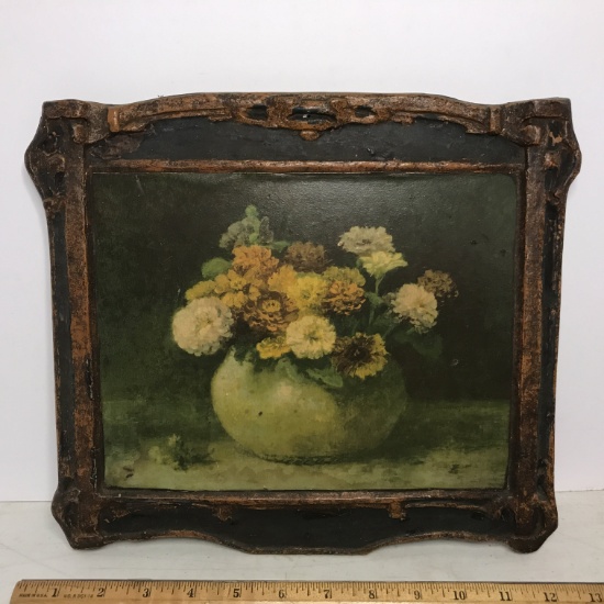 Antique “Bowl of Zinnias” by Stromeyer Print on Wood