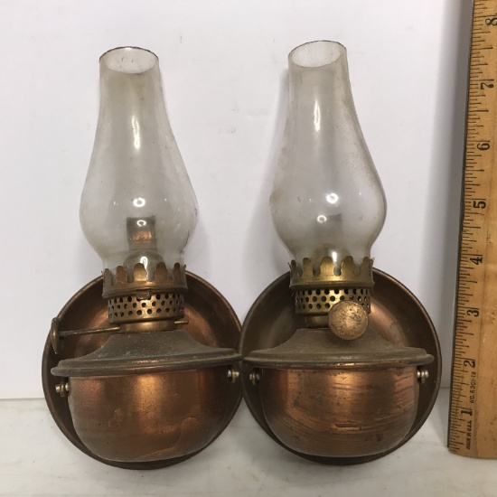 Pair of Vintage Copper Oil Lamp Wall Hangings with Finger Rings