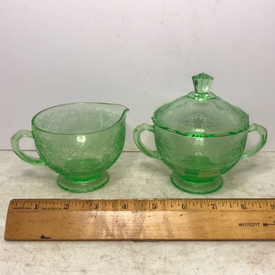Vintage Vaseline/Uranium Glass Creamer & Sugar Bowl