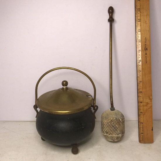 Vintage Cast Iron Cauldron with Brass Lid & Brass Pumice Stone Stick