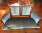 Antique Victorian Settee with Tall Hand Carved Wood Back on Casters