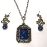 Beautiful Silver Tone Pendant with Blue Stone & Matching Pierced Earrings