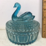 Vintage Blue Glass Swan Dish with Lipstick Holder