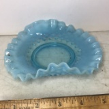 Vintage Blue Opalescent Hobnail Ruffled Edge Dish