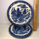 Set of 4 Vintage Blue & White 9” Plates with Blue Willow Design