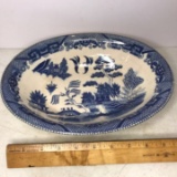 Vintage Large Oval Serving Bowl with Blue Willow Design - Made in Japan