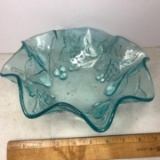 Blue Ruffled Edge Glass Bowl with Embossed Fruit Design