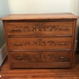 Antique Wooden Chest with 3 Drawers & Carved Front