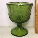 Green Glass Vintage Pedestal Planter with Embossed Grape Design