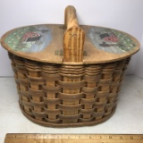 Vintage Basket with Double Sided Hinged Lid & Painted Farm Scene