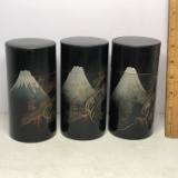 Set of 3 Metal Vintage Oriental Double Lidded Cans