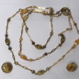Vintage Signed “Austria” Natural Stone Long Necklace with Matching Clip On Earrings