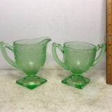 Vintage Vaseline/Uranium Glass Creamer & Double Handled Sugar Bowl