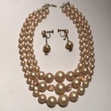Vintage Triple Strand Beaded Necklace with Vintage Screw Back Earrings