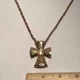 Gold Tone Vintage Cross Pendant on Long Chain