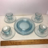 4 Place Setting Vintage Blue Glass Lunch Plates, Tea Cups & Saucers