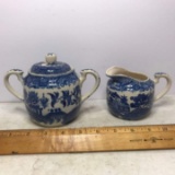 Vintage Blue Willow Style Creamer & Sugar Bowl with Lid - Made in Japan