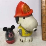 1960 Snoopy Fireman Squeaky Toy & Mickey Mouse Weeble