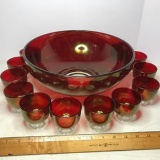 Large Vintage Ruby Red Flashed Punch bowl with 12 Cups