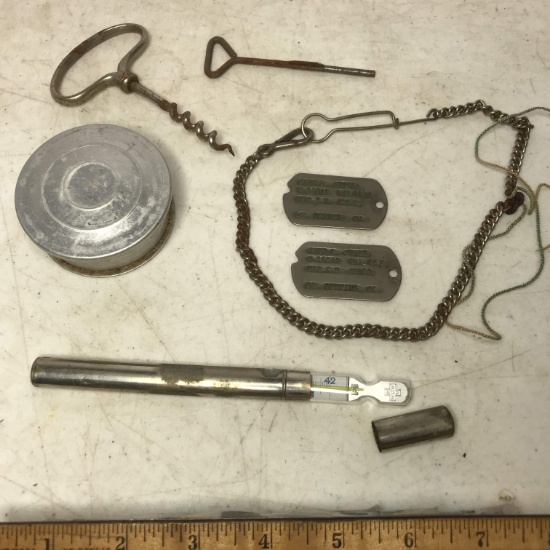 Lot of Vintage Military Items; Dog Tags, Collapsible Cup, Thermometer in Case & More