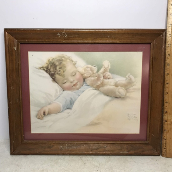 Vintage “Bessie Pease Gutmann” Print of Child Sleeping with Teddy Bear in Wood Frame
