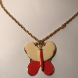 Vintage Large Enamel Butterfly Pendant on Gold tone Chain Signed “Art”