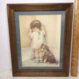 Vintage “Bessie Pease Gutmann” Print of Child & Dog in Wood Frame