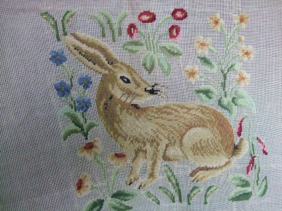 Vintage Preworked Needlepoint. A brown Rabbit with Flowers HAND STITCHED in Gros Point.