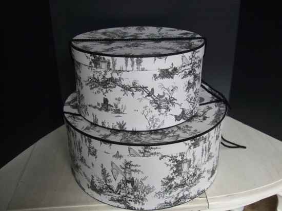 2 Hat Boxes with Black Toile Print