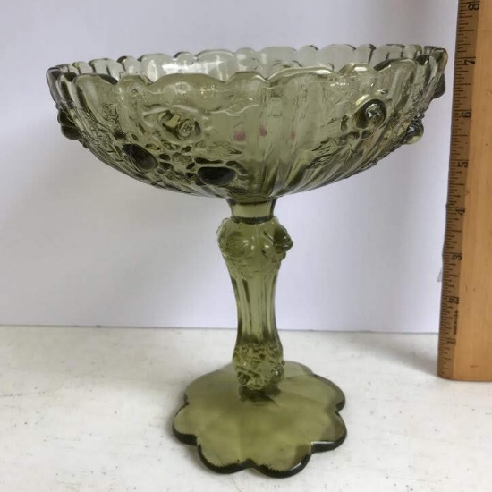 Vintage FENTON Cabbage Rose Green Glass Compote with Scalloped Edges with Original Foil Label