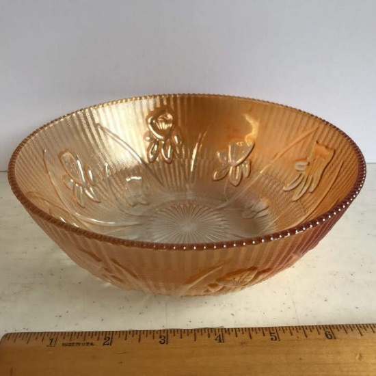 Vintage Jeannette Glass Marigold Iridescent Iris & Herringbone Serving Bowl