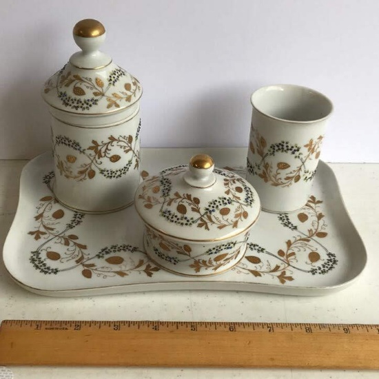 Vintage Leaf Vine 4 pc Porcelain Dresser Set