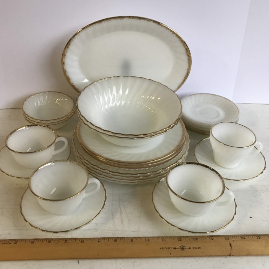 27 pc Vintage Milk Glass Swirl Dinnerware Lot with Gilt Edging