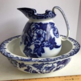 Flow Blue “Christmas Roses” W. Adams & Co. Wash Pitcher & Basin