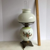 Vintage Floral Hand Painted Parlor Lamp with Ornate Brass Base