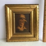 Vintage Small Print of Little Boy Wearing a Hat in Thick Gilt Frame