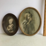 Pair of Vintage Little Girl Prints in Old Oval Frames