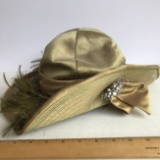 Vintage Wide Brim Hat with Feathers & Satin Ribbon