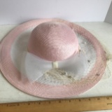 Vintage Pink & White Straw Sun Hat with Netting & Bow