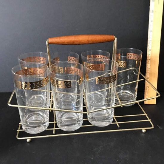 Vintage Caddy with 7 Gold Leaf Topped Tumblers