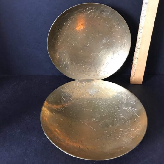 Pair of Vintage Etched Brass Bowls