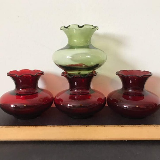 Lot of 4 Ruby & Green Short Vases with Ruffled Edges