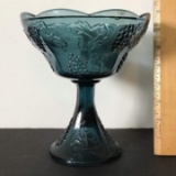 Vintage Blue Pedestal Bowl with Embossed Grape Design