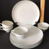 Set of 4 Lunch Plates & Cups with Silver Edging