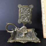 Ornate Antique Heavy Brass Candle Holder with Finger Loop Signed Carpe Diem
