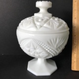 Vintage Pressed Milk Glass Covered Pedestal Dish