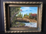 1984 Original Oil Painting of Cabin & Brook Signed “D. Phillips”