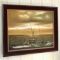 Vintage Ocean & Boat Scene Oil Painting with Velvet & Wooden Frame
