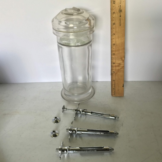 Vintage Stainless Dental Tools & Heavy Glass Lidded Jar